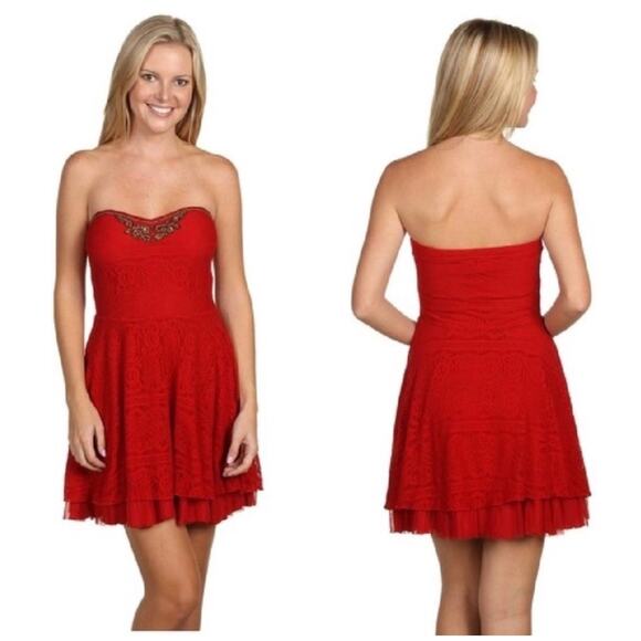 Free People Red Lace Beaded Party Club Boho Dress size XS Cocktail - Picture 2 of 11